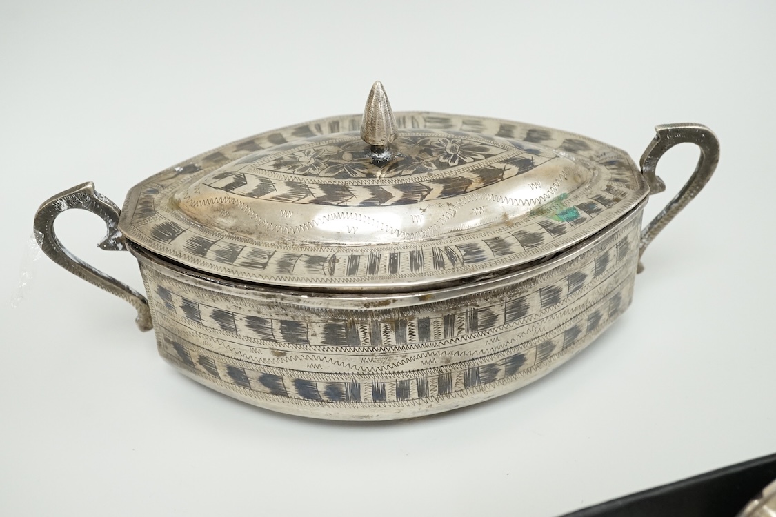 A small group of assorted continental 925 and other white metal items including a Judaic scroll holder, a Torah pointer?(lacking pointer), an Israeli ashtray, three Judaic match sleeves, two 925 handled servers and an Ir